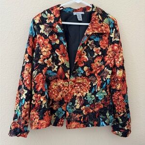 Analog Black Floral Quilted Blazer with Red & Teal Flowers